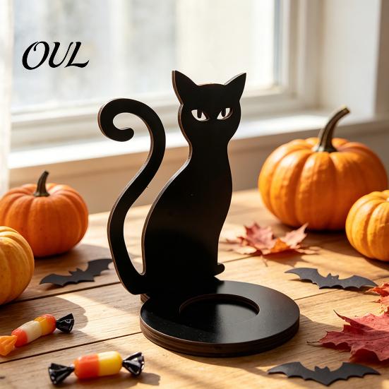 Anti Deformation Wood Base Halloween Wooden Shadow Candle Holder, Scarecrow Bat Black Cat Ghost Silhouette Artistic Table Ornament for Home