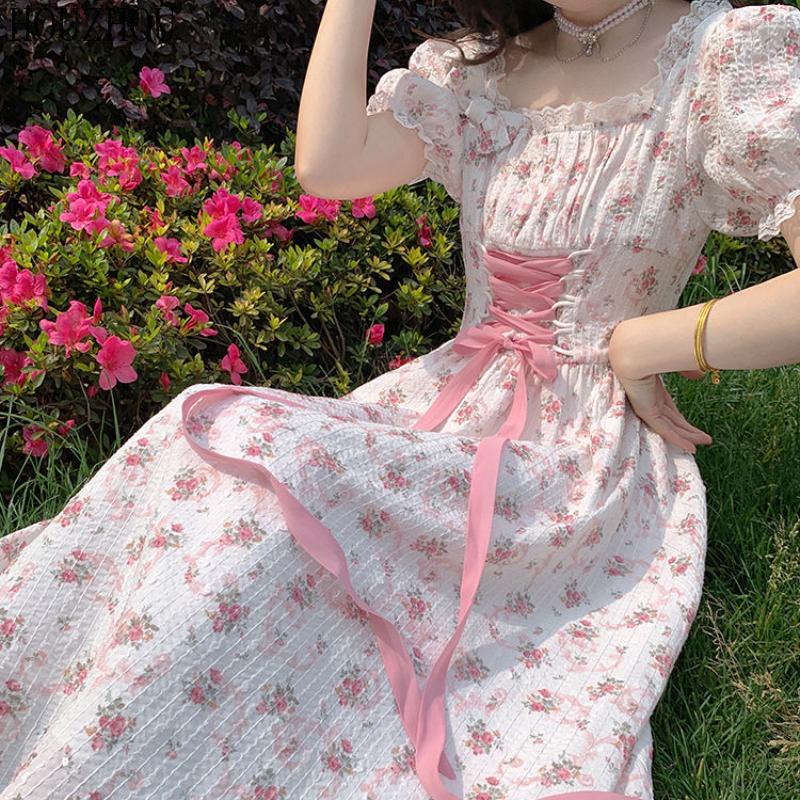 HOUZHOU Платье миди с цветочным принтом для девочек с квадратным воротником и короткими рукавами, корейское милое кавайное элегантное шикарное платье феи