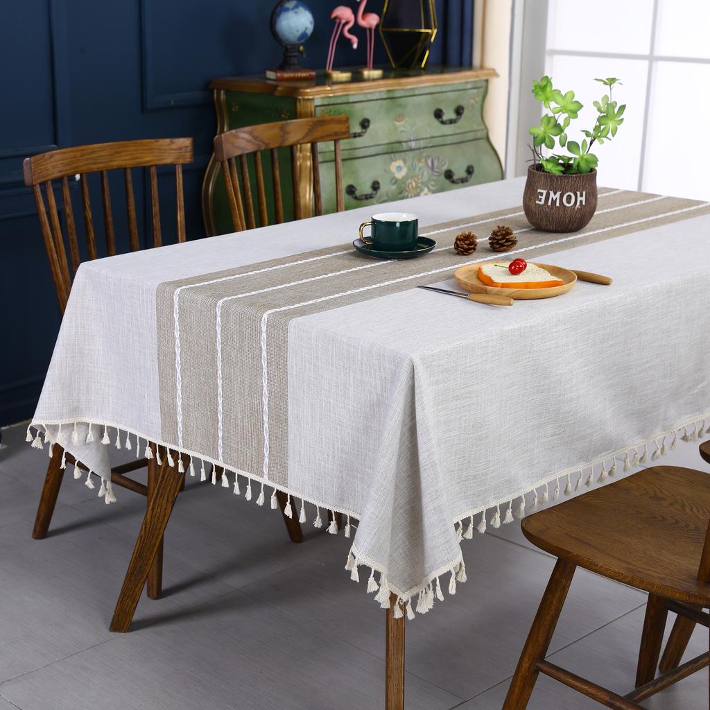 Ins Style Cotton Linen Tablecloth Embroidery Tassel Table Cloth Plaid Stitching High-Grade Coffee Table Cloth Non-Slip Tablecloth
