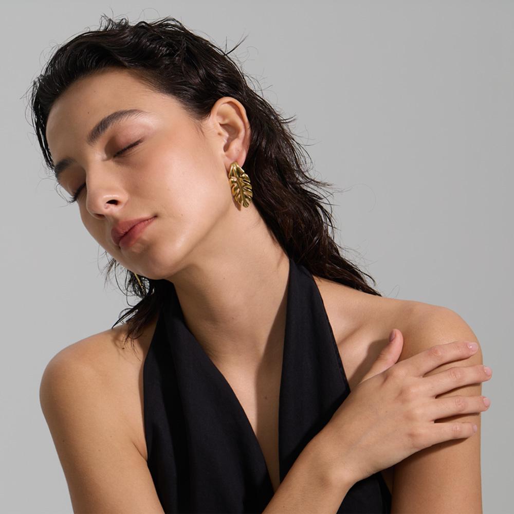 Yhpup Stainless Steel Exquisite Leaves Stud Earrings Gold Platinum PVD Plated Fashion Daily Classic Fashion Jewelry Wholesale