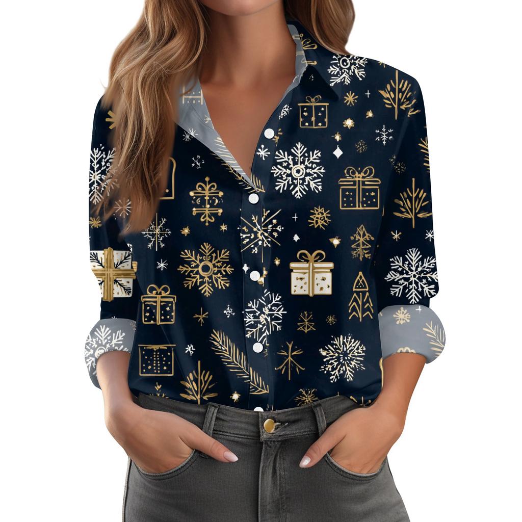Женская повседневная рубашка с рождественским принтом, полуоткрытым воротником и длинными рукавами
