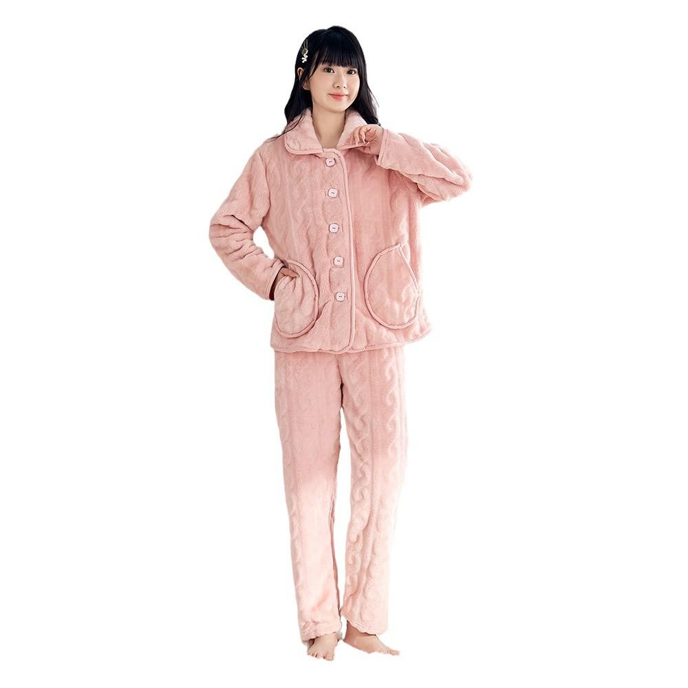 Plus Size Women's Dress with Cashmere and Thick Autumn and Winter Solid Color Long Sleeve Trousers Pajamas Set