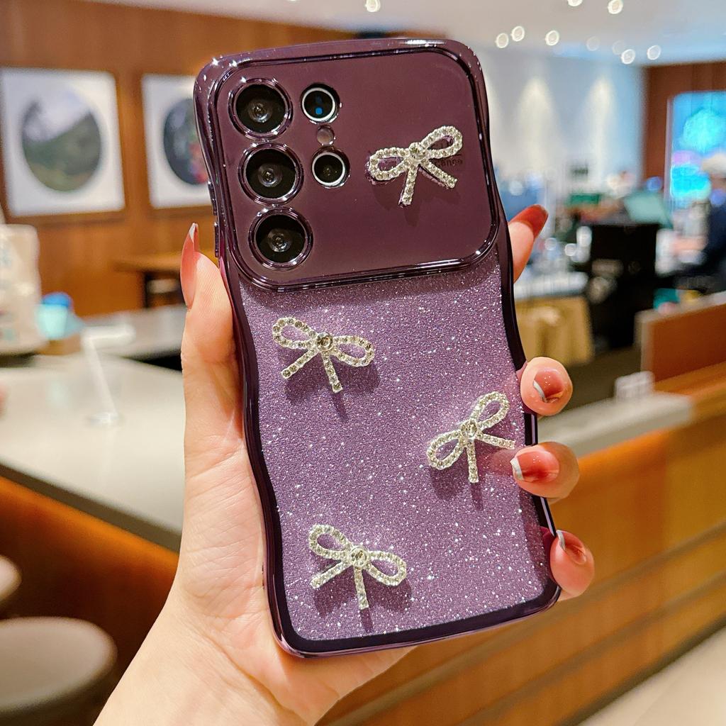 For Samsung Galaxy S24 Ultra Case Electroplated Wavy Frame Glitter TPU Phone Cover with Rhinestone Bow Decor