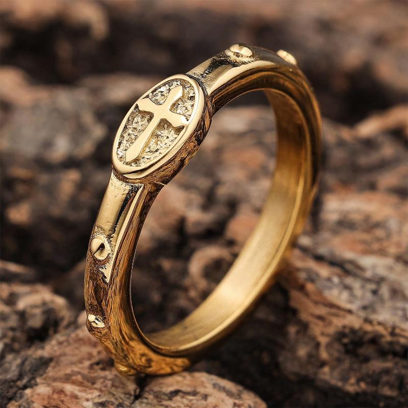 Vintage Gold Color Rosary Beads Catholic Religious Wedding Band Ring Cross Rosary Praying Ring For Women Men
