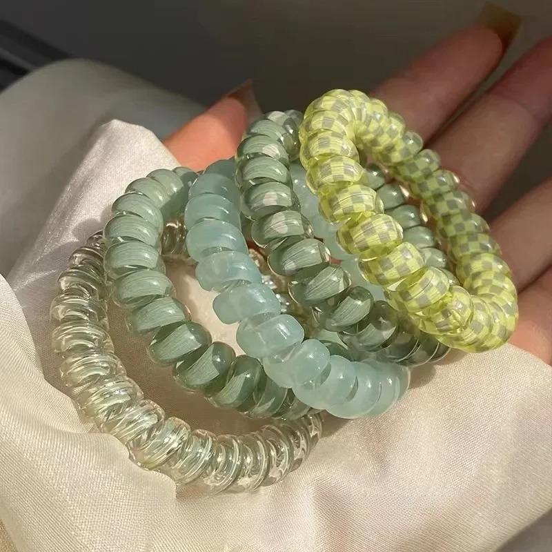 5pcs Set Telephone Cord Scrunchies Spiral Hair Ties Gradient Color Checkered Print Phone Cord Elastic Hair Band Hair Accessories