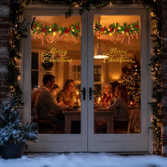 Festive Wreath Candy Cane Decor Merry Christmas Window Clings, Cute Garland Stickers with Canes, Balls, Berries Customizable Scene for Glass, Reusable