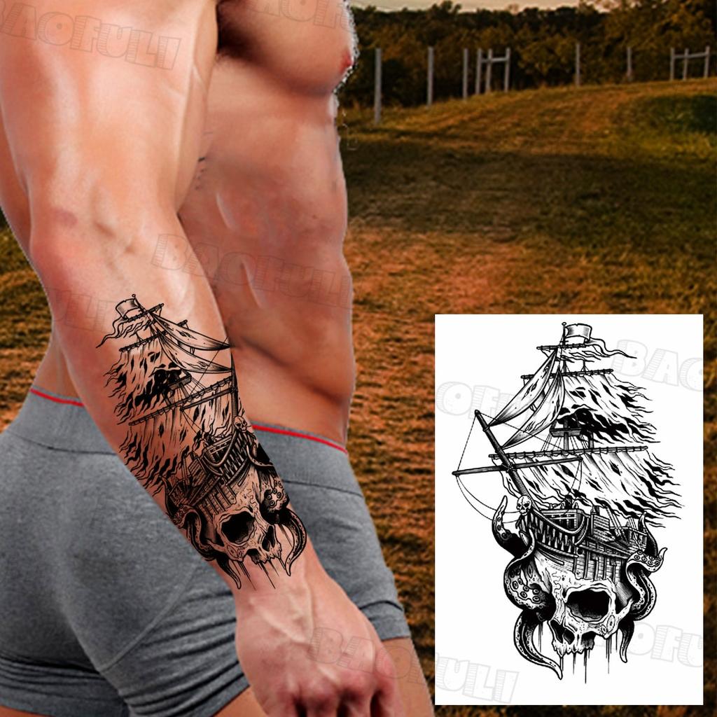 Черный пиратский череп, парусный спорт, временная татуировка для мужчин и женщин, реалистичная сова, лев, клоун, поддельная татуировка, наклейка, крутая татуировка на предплечье, грудь, татуировка