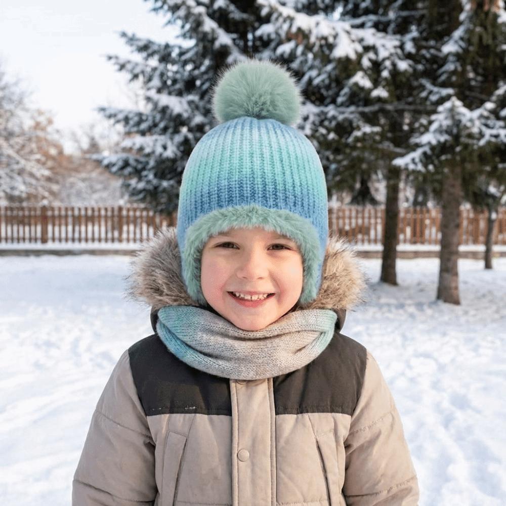 Multicolor Knitted Bucket Hat Warm Beanie Cap Soft Earflap Hat Boy
