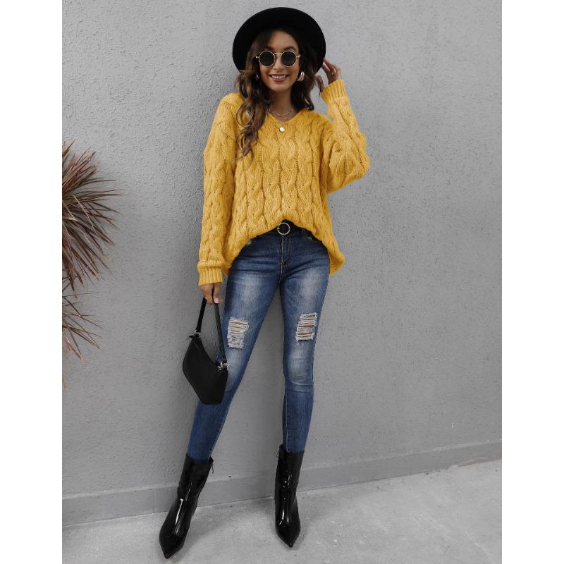 Women Thick Twisted Knit V Neck Hooded Loose Pullover Sweater