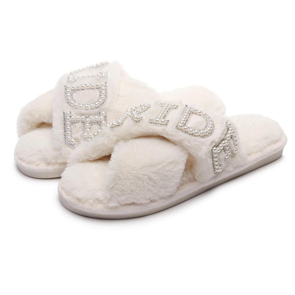 Hot-Selling Pearl Diamond 'BRIDE' Plush Slippers for Bachelorette Parties and Weddings