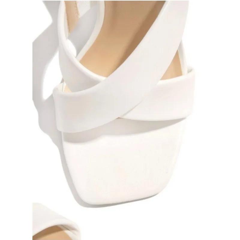 2024 Summer New Style Square Head Cross Strap Stiletto Heels Women's Solid Color Sandals and Slippers 43