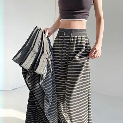 Ретро полосатые брюки палаццо из ледяного шелка для женщин на весну и лето, новые свободные прямые брюки на кулиске с высокой посадкой, вязаные повседневные брюки