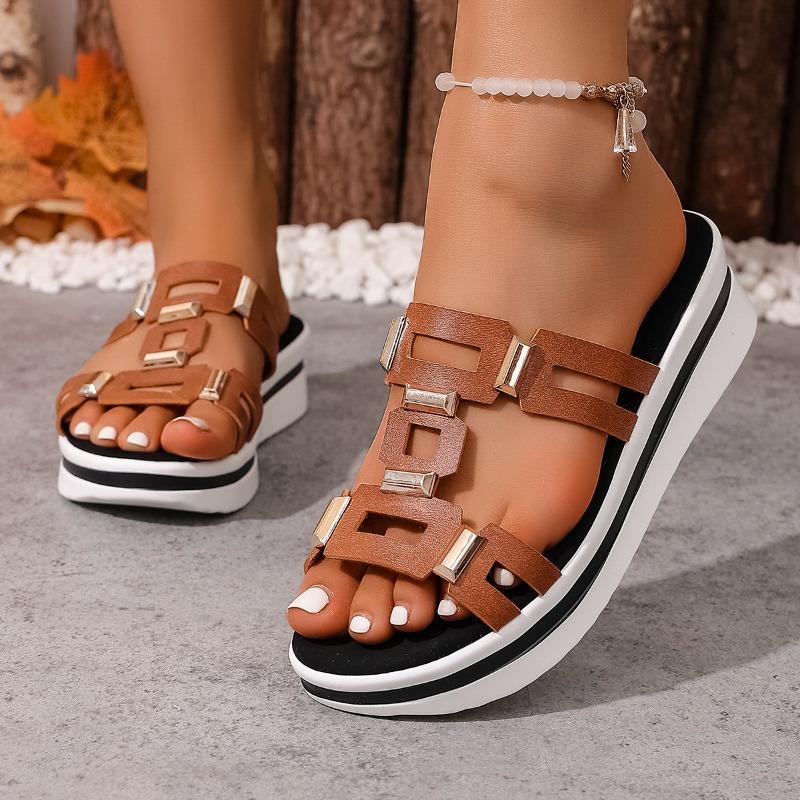 Металлические шлепанцы с вырезами Женские летние с круглым носком и открытым носком Вырезы Нескользящая платформа Клиновидная обувь