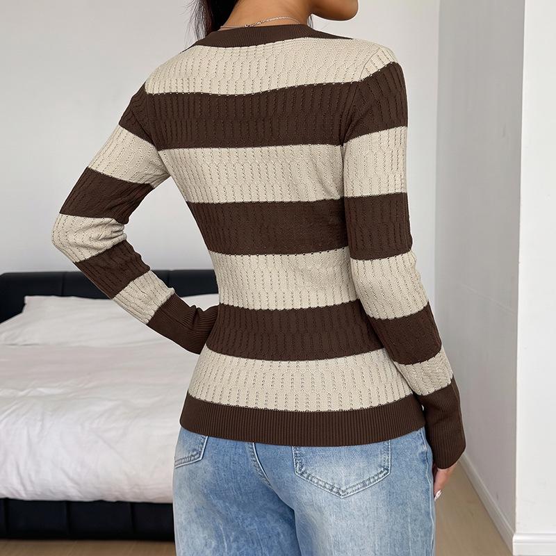 2026 Autumn Winter Slim-fit V-neck Stripe & Wave Pattern Long Sleeve Knit Sweater for Women