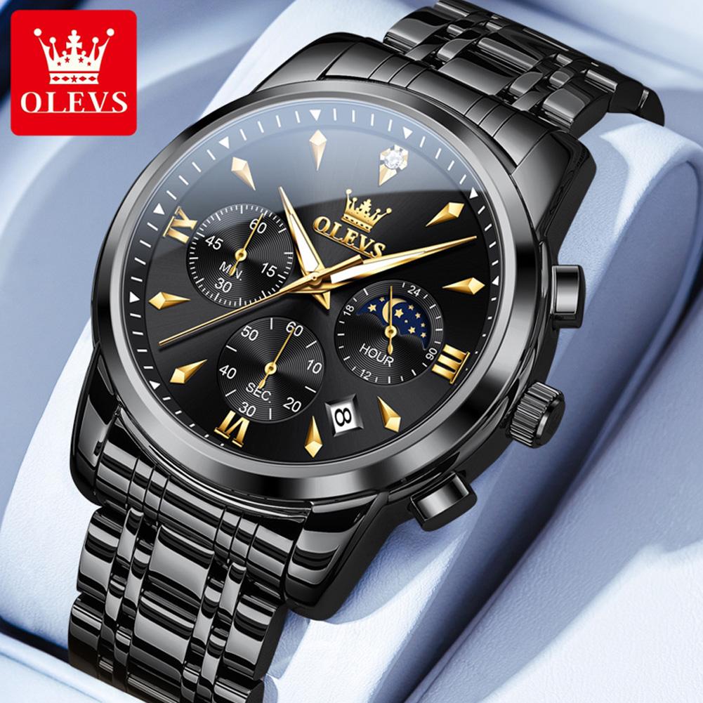 Роскошные кварцевые часы-хронограф для мужчин, модные многофункциональные, с фазой Луны, водонепроницаемые, с люминесцентной подсветкой, с датой, деловые мужские часы