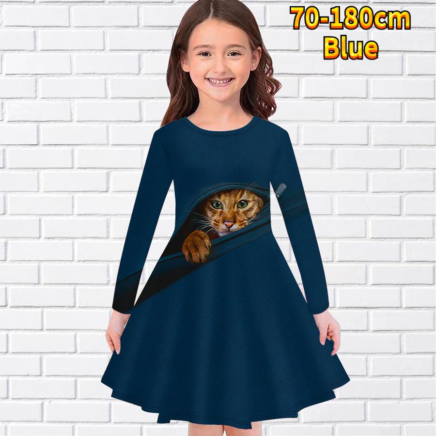 Повседневное платье для девочки на молнии с принтом кота и круглым вырезом, длинными рукавами, детское платье принцессы