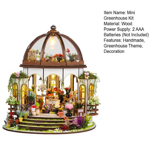 1 комплект DIY Mini Greenhouse Kit со светодиодной подсветкой Мебель для детей и взрослых, ручная работа Деревянный крошечный садовый домик Строительная модель Кукольный домик Украшения