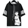 Men Japanese Techwear Cute Cat Hooded Shirt, Kawaii Manga Vintage Short Sleeve Shirt Anime Top T-shirt for Summer