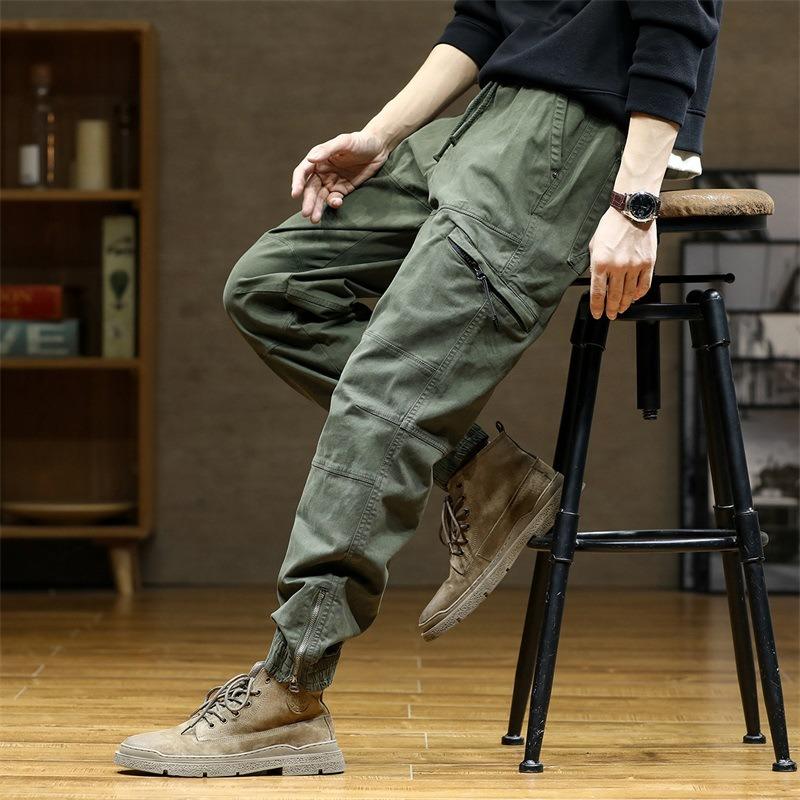 Зеленый мужской функциональный комбинезон из чистого хлопка однотонный эластичной текстуры леггинсы модный бренд многокарманные модные повседневные брюки