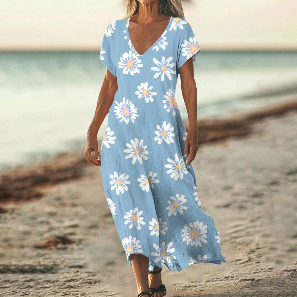 Fashion Women's Summer V-Neck Short Sleeve Floral Print Beach Dress