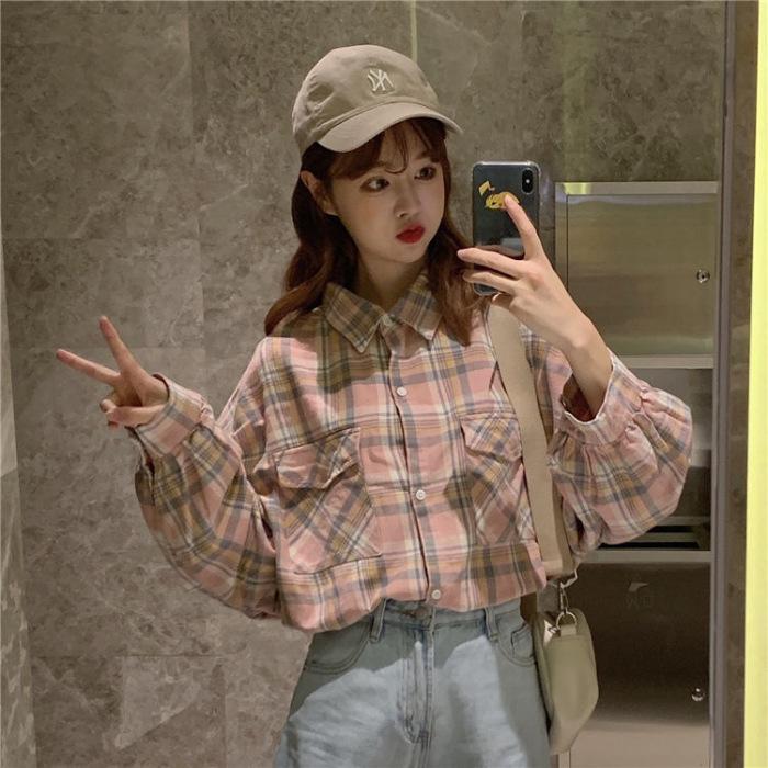 Новая маленькая свежая клетчатая рубашка женская студенческая корейская версия свободная весна и осень универсальный дизайн Sense длинный рукав поло пальто женское