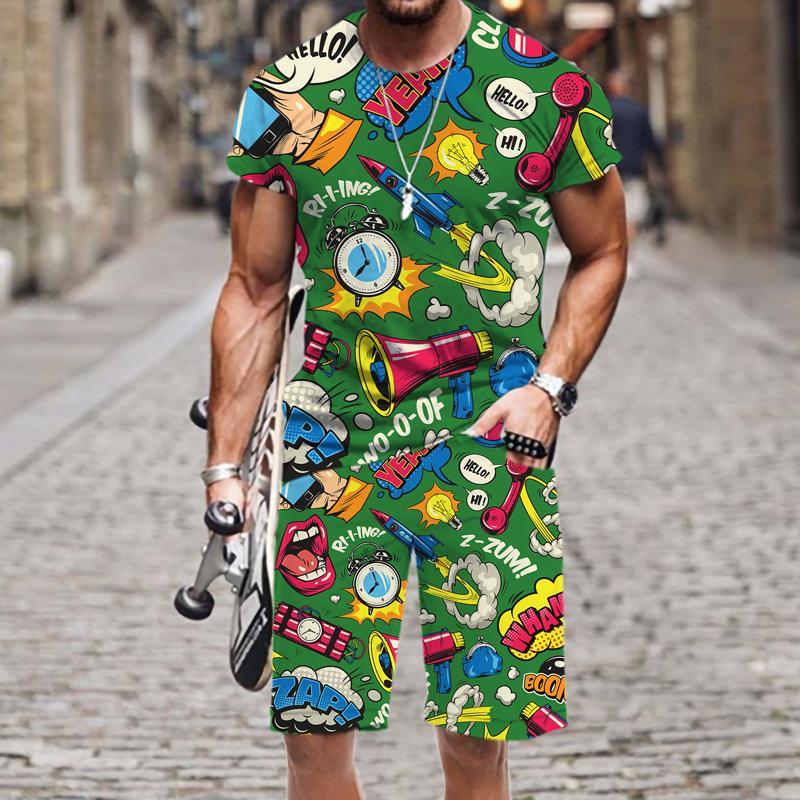 Летняя мужская футболка, комплект, забавная футболка с коротким рукавом в стиле хип-хоп, шорты, спортивный костюм из 2 предметов, красочный повседневный спортивный костюм, одежда унисекс