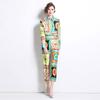 Runway Designer Vintage Print Pant Two Piece Set for Women Turn-down Shirt And Ankle Length Trousers Office Business Suit