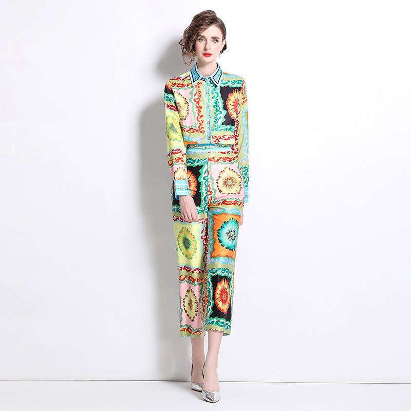 Runway Designer Vintage Print Pant Two Piece Set for Women Turn-down Shirt And Ankle Length Trousers Office Business Suit