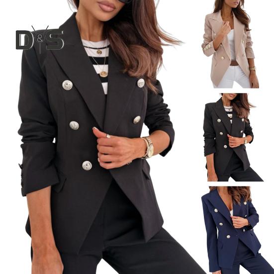 Women Suit Coat Double-Breasted Lapel Long Sleeve Suit Jacket Solid Color Urban Style Business Outerwear Casual Daily Wear
