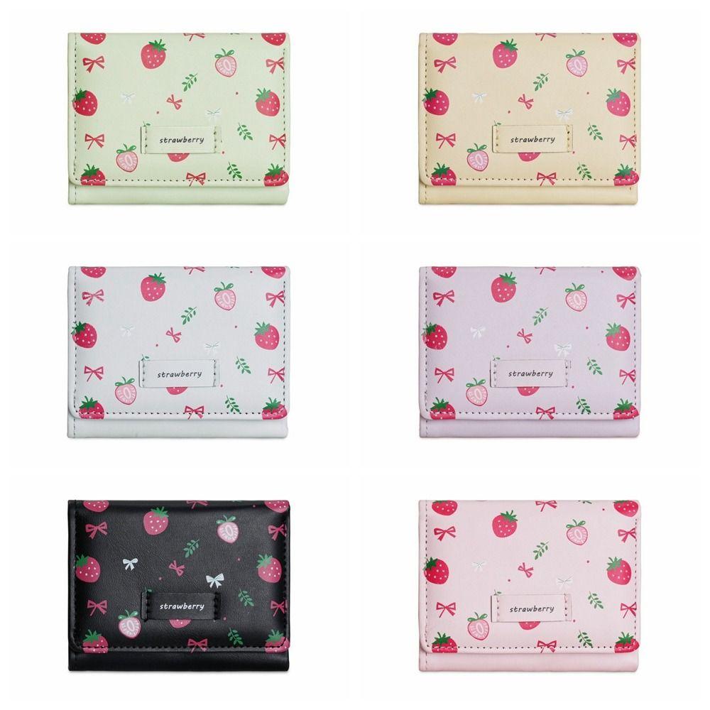 Strawberry PU Leather Wallet Printing Card Holder Portable Tri-fold Wallet Girl