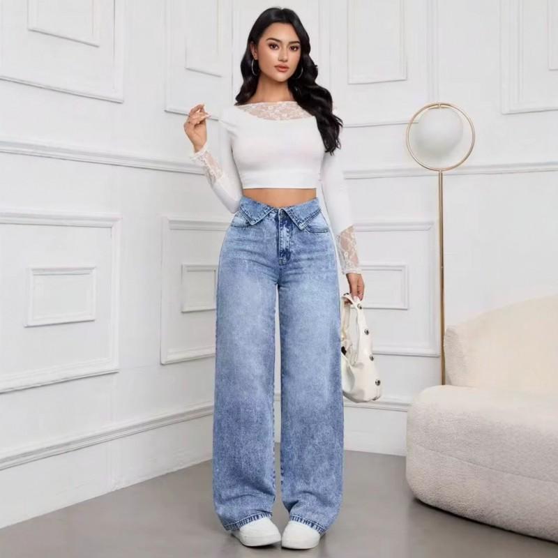 2026 High-Waisted Wide-Leg Straight Jeans Women Light Blue Denim Streetwear Oversized Tapered Pants