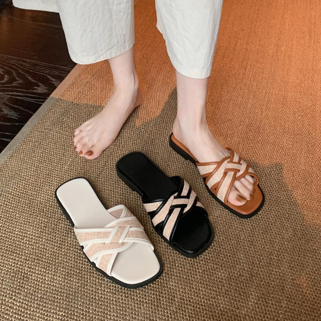 Sheepskin version~ square-headed straw-woven cross-toed slippers women's Korea 2025 summer irregular casual cool slippers
