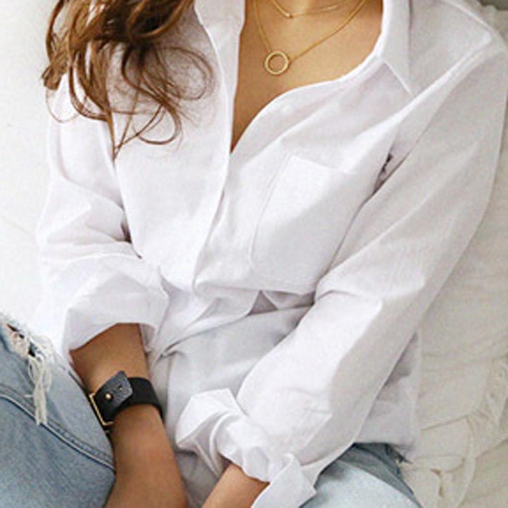 Fashion Women's White Blouse 2025 Chic Long Sleeve Lapel Button Up Shirt Tops Turn-Down Collar Pocket Shirts Women'S Clothing
