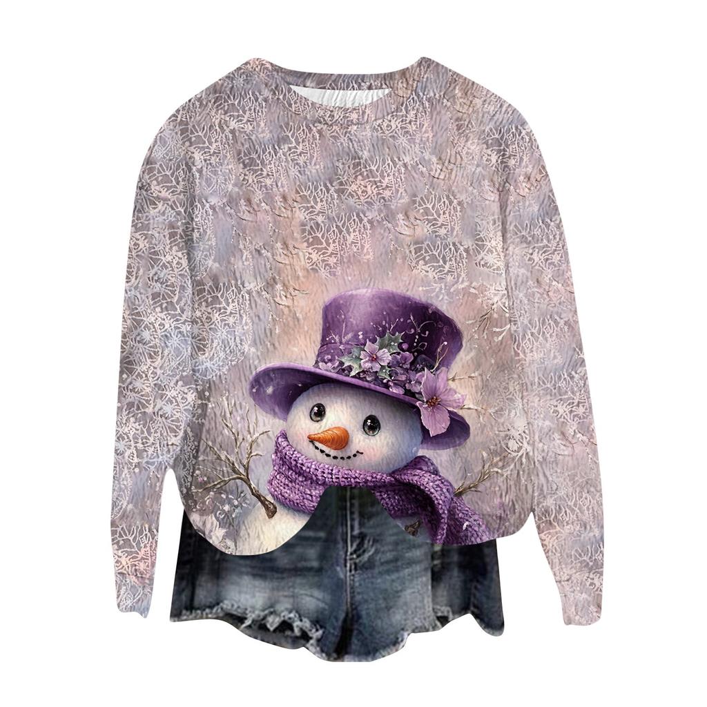 Women's Fashion Round Neck Pullover Top Long Sleeve Tee Christmas Printed Sweatshirt