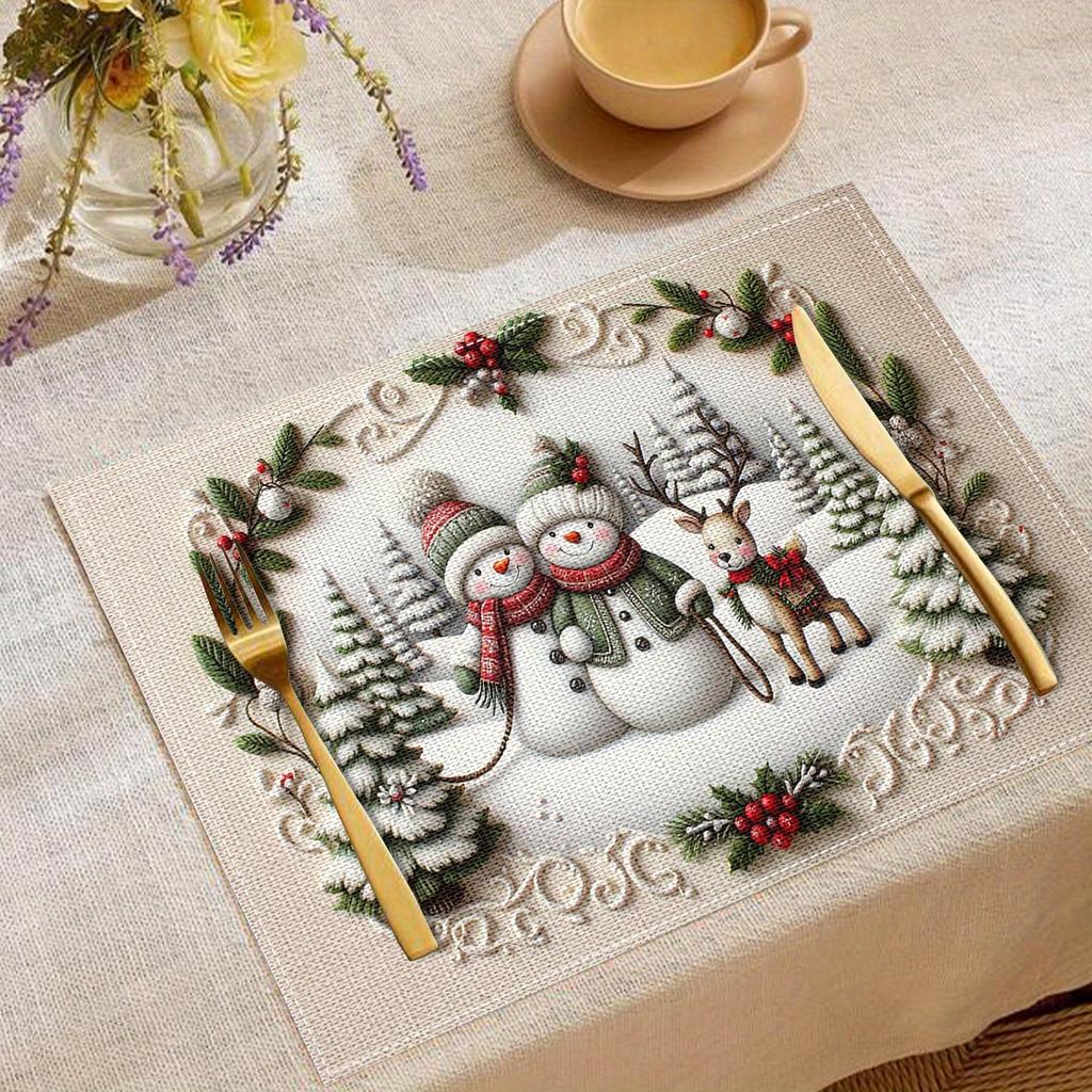 VIKAM 4/6/8/10pcsChristmas-Themed Placemats With Snowman And Reindeer Designs Heat-Resistant And Wear-Resistant Home Decor