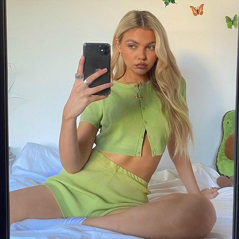 Женский летний модный спортивный костюм из 2 предметов, укороченный топ с короткими рукавами и шорты, повседневная спортивная одежда, домашняя одежда