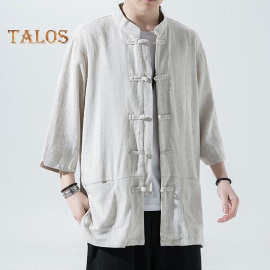 Мужская рубашка в китайском стиле, свободная рубашка в стиле ретро на пуговицах с карманами, хлопковая льняная дышащая летняя рубашка для уличных вечеринок и путешествий