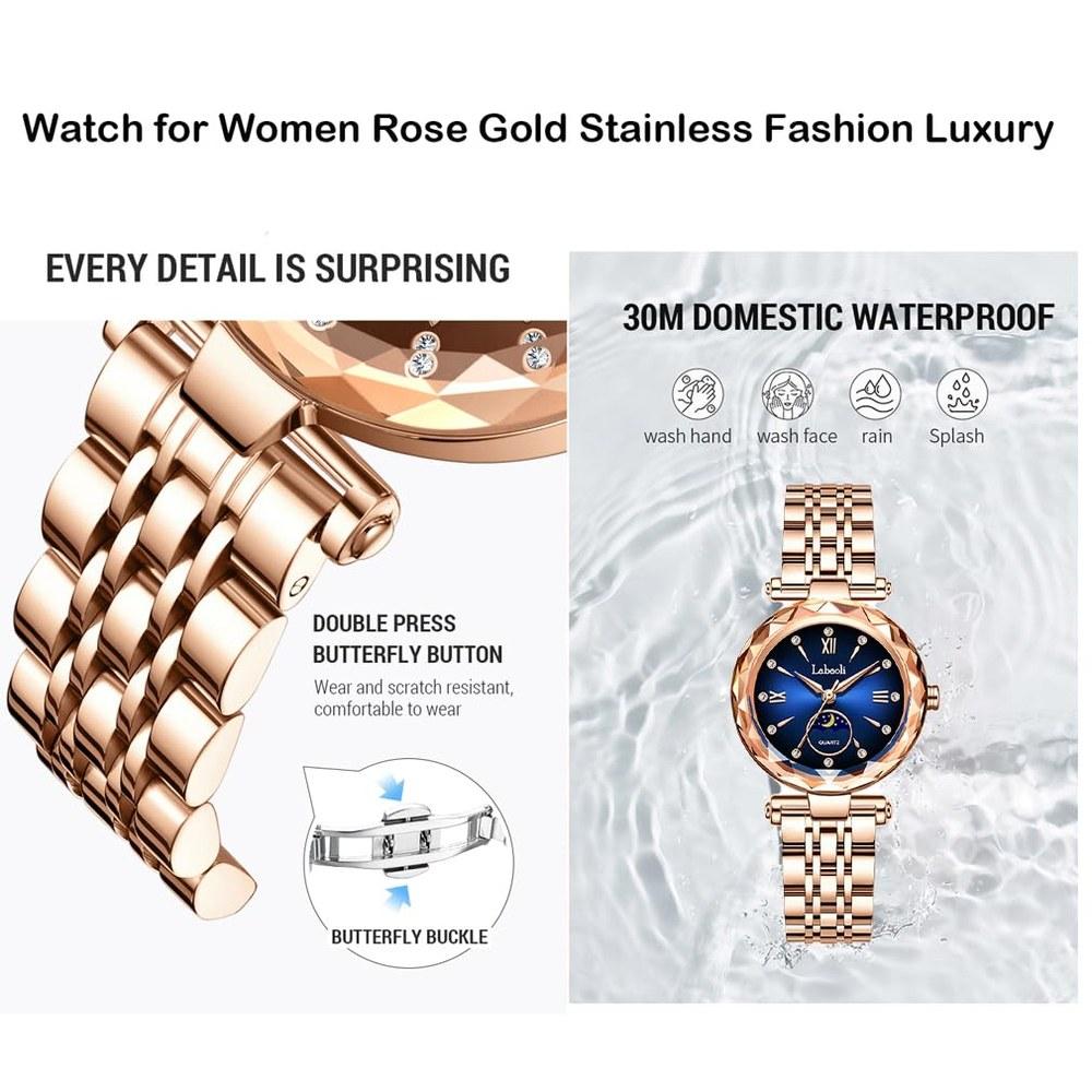 Deselon Rose Gold Women's Wristwatch Crystal Waterproof Stainless Steel Luxury Cute Gift Blue