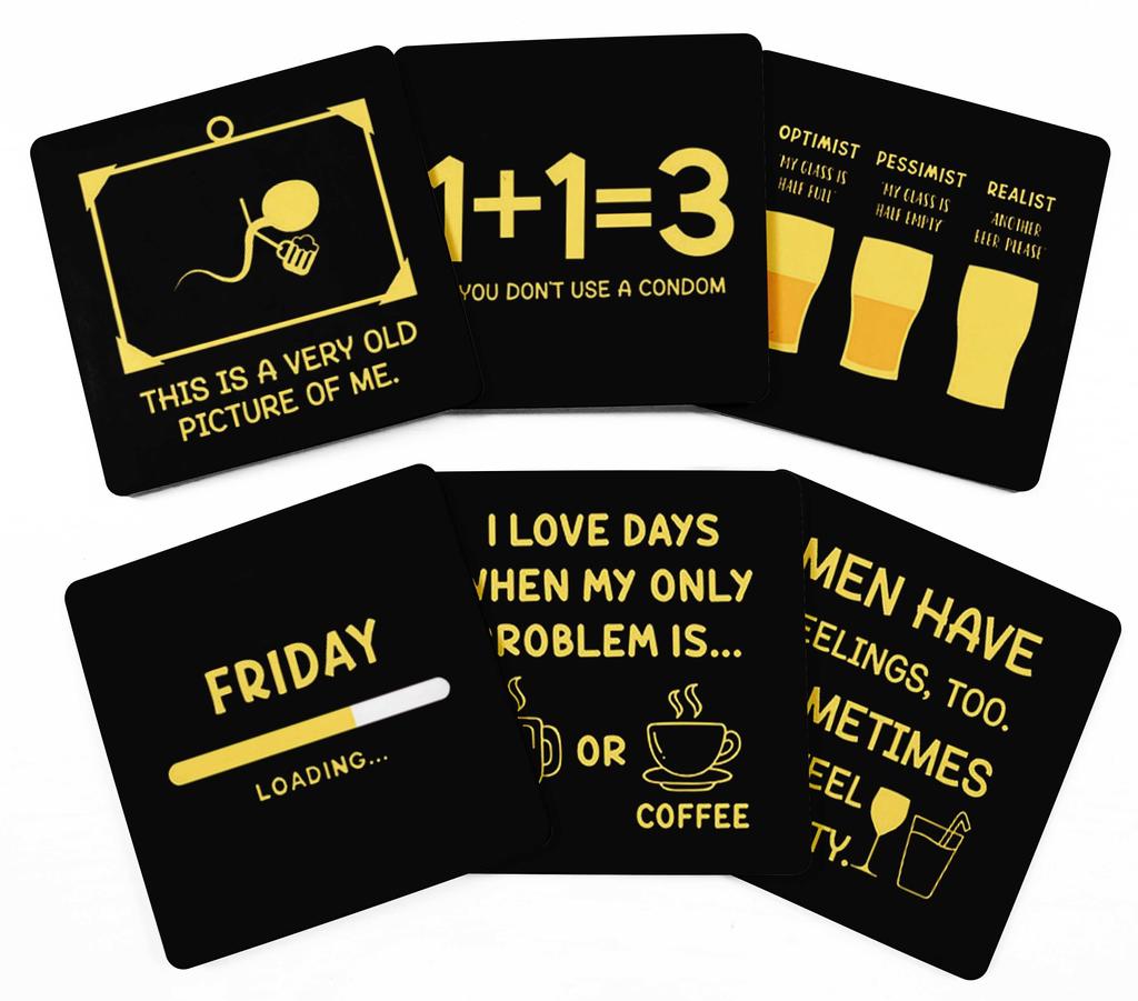 Inkdotpot Set of 6 Drink Coasters Easy Clean 4 inch Square Coasters Cork Base- Reusable- Funny Bachelor