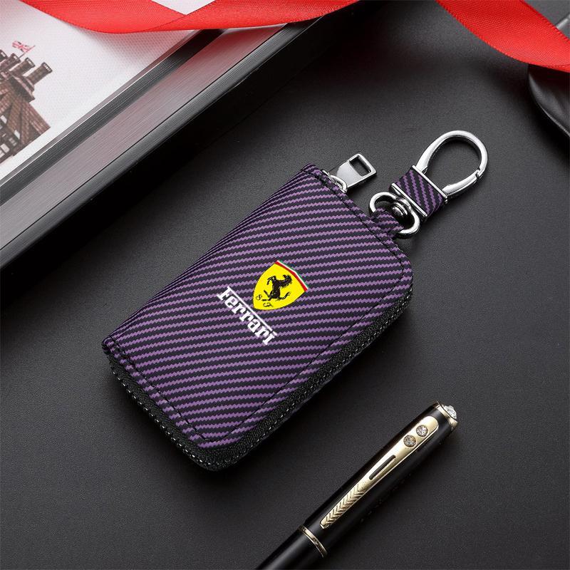 Carbon Fiber Car Key Wallet Zipper Key Case Holder with Keychain for Ferrari 296 GTB GTS Roma Purosangue 812 SF90 F8 Tributo HS4
