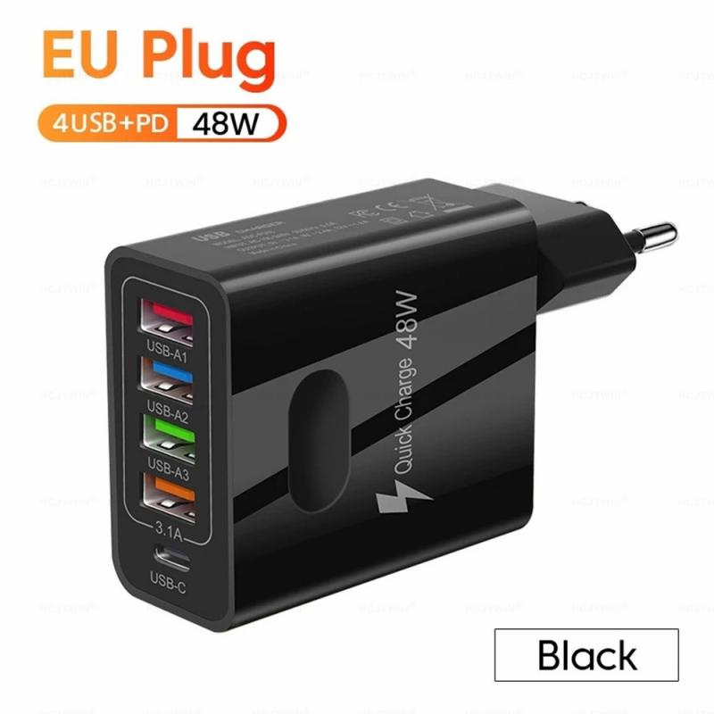 Зарядное устройство USB 5 в 1 48 Вт Быстрое зарядное устройство Многопортовое зарядное устройство PD Быстрое зарядное устройство 4U+PD 5 В/3,1 А 9 В/2,4 А 12 В/1,8 А EU US UK Зарядный штекер