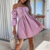 Women Mini Dress Off Shoulder Loose Hem High Waist Bubble Sleeves A-line Solid Color Soft Pleated Lady Beach Prom Dress