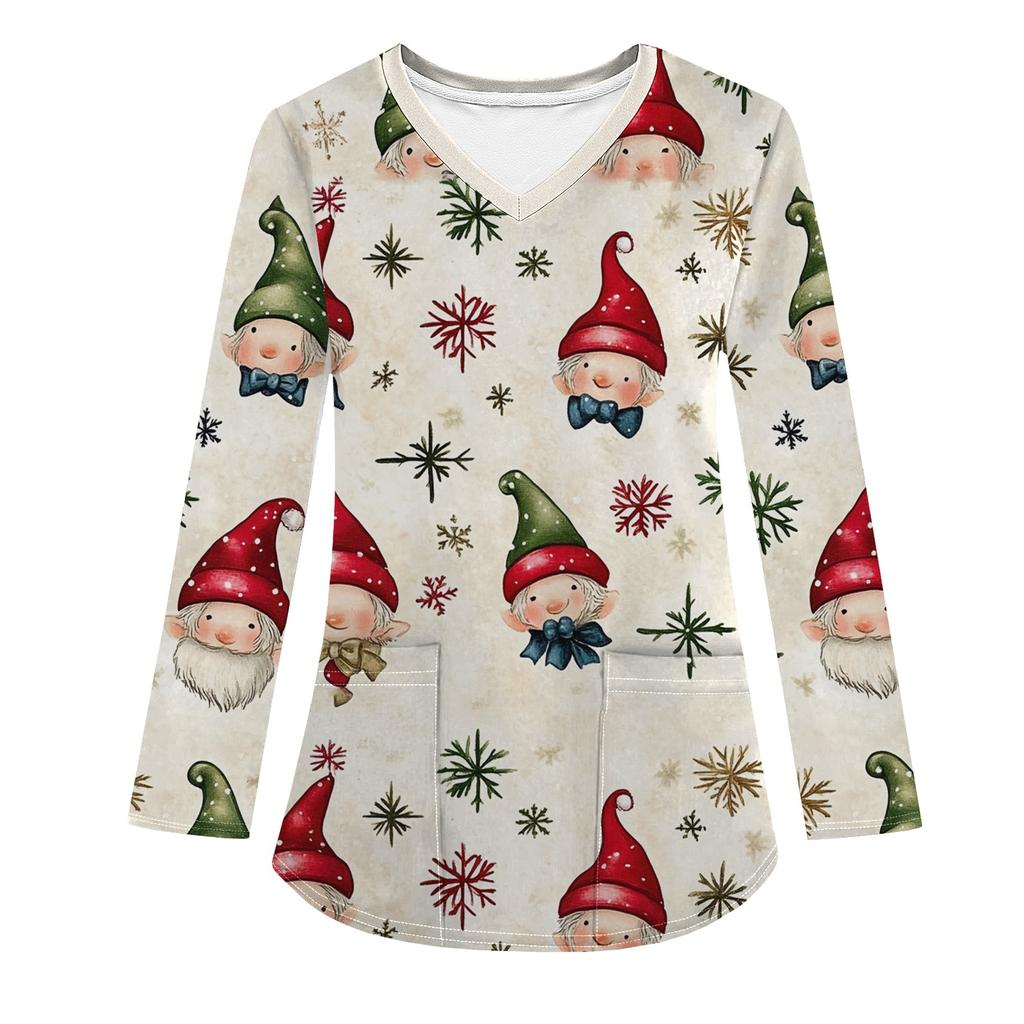 Женская модная рабочая одежда с V-образным вырезом, длинным рукавом и карманом, рождественский принт, футболка, топ