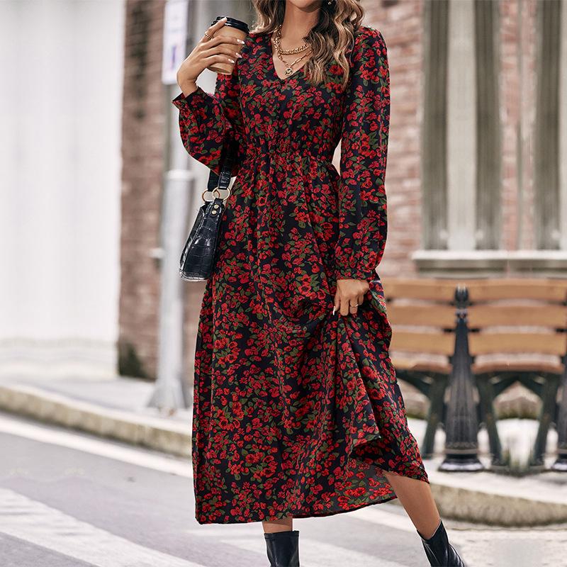 European & American Style Red Printed Long-Sleeve Dress - Women's Spring/Autumn Fashion