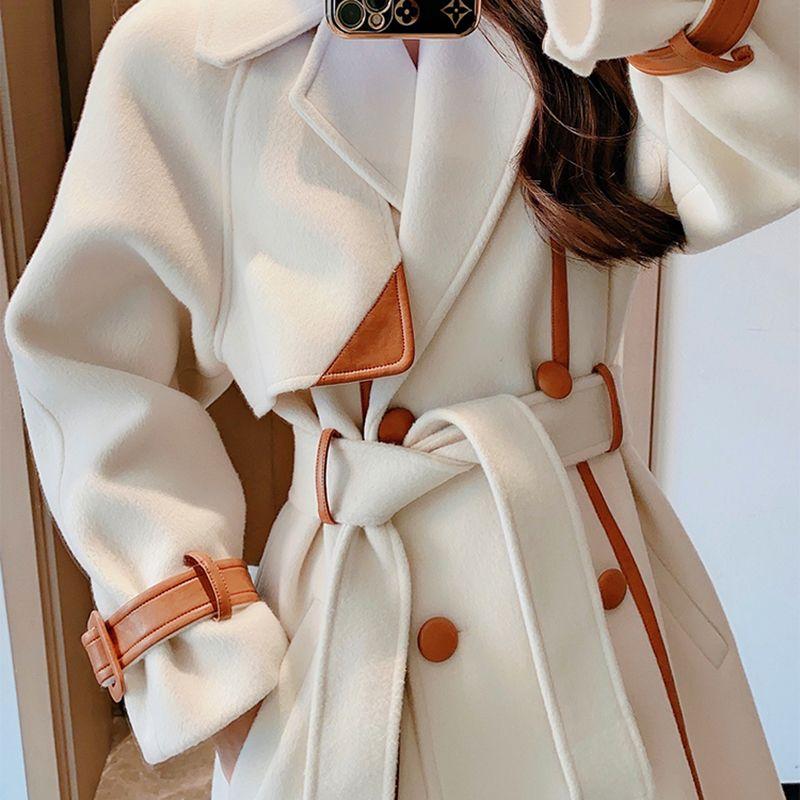 Модное шерстяное пальто в стиле колор-блок с утолщенной одеждой для женщин на осень и зиму