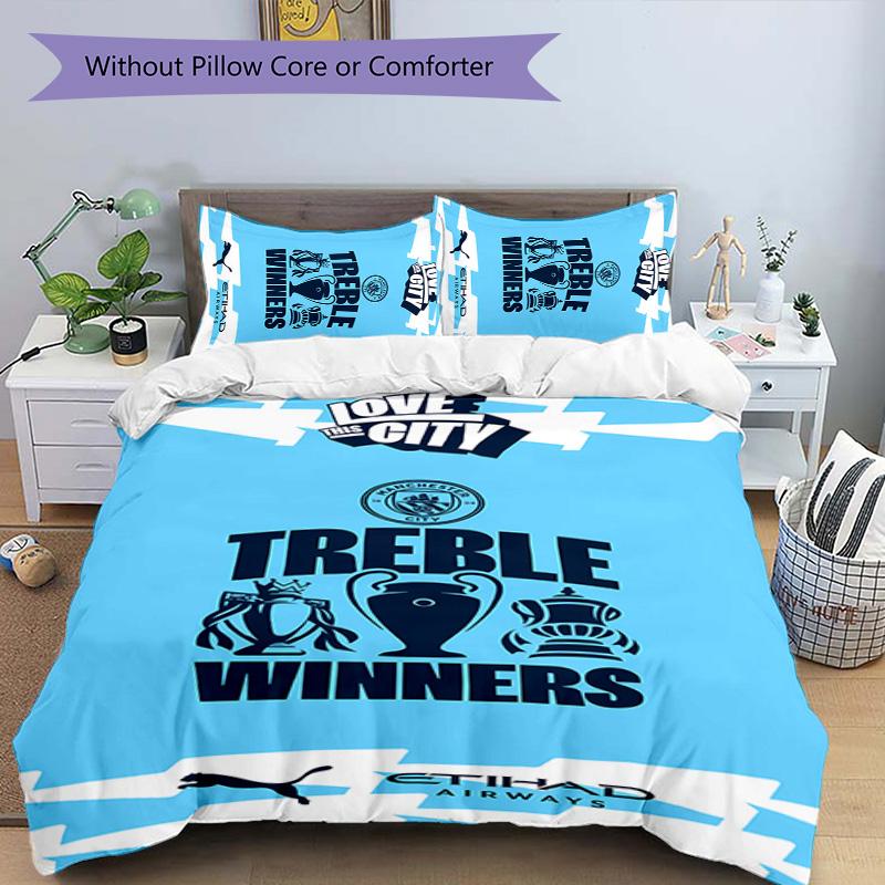 3pcs Manchester City Football Club pattern bedding set duvet cover set includes duvet cover &pillowcases,perfect all season bedroom decoration&gift