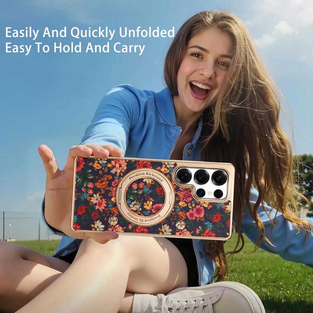 Denior Подходит для Samsung Galaxy S26/S25/S24/S23 Plus Ultra Цветочный Тотем Материал Пробка 360° Вращающаяся Подставка Чехол для Телефона