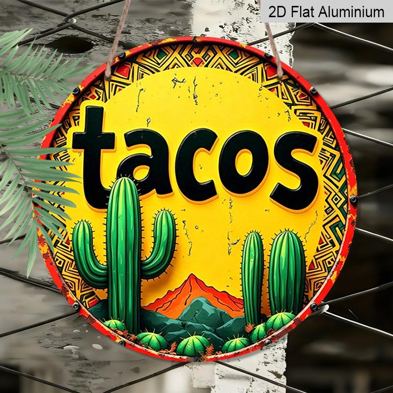2D Flat, 1pc Round Tacos Cactus Aluminum Hanging Sign, Vintage Mexican Fiesta Desert Mountain Design, Retro Colorful Metal Wall Decor, Perfect for