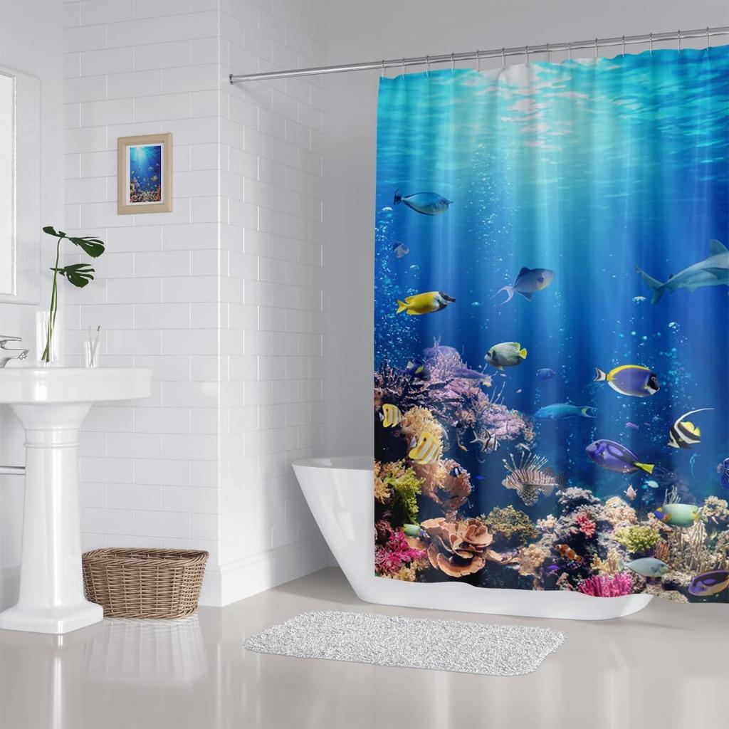 Океан Подводный Занавеска для душа - Красочные тропические рыбы и коралловый риф 72x72 дюйма, Водонепроницаемый декор морской жизни с 12 крючками
