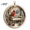Acrylic Red Bird Pendant Christmas Ornament, Snow Scene Pattern Xmas Tree Hanging Ornaments Decor, Retro Round for Winter Holiday Party Supplies